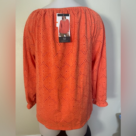 Rafaella Top Eyelet Peasant Blouse M 3/4 Sleeve Tie Front NWT Orange Boho Medium - Picture 8 of 9